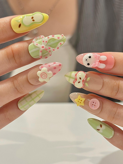 Kawaii Bunny Easter Press On Nails, Pastel Green and Pink Plaid Nails, Colorful Pastel Gingham Fake Nails For Cute Lover, HB1291H