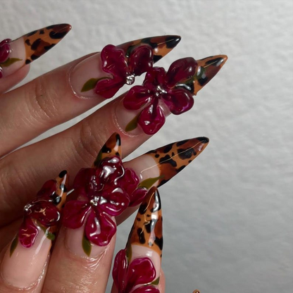 Tropical Orchid Fall Press On Nails | Handmade Floral Nail Art | Elegant Floral Press Ons |Elegant Orchid Nail| Leopard Print Nails| JB179HC