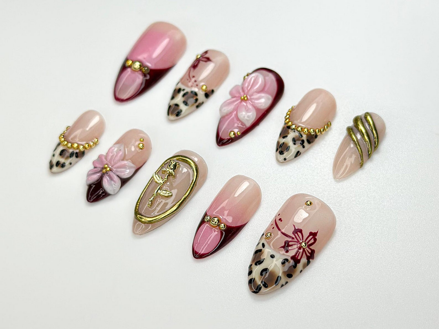Pink Leopard Glam Press On Nails | 3D Floral & Cheetah Print Nails | Burgundy Gold Accent Nail Set | Handmade Art Press Ons | JC102HC