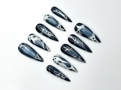 Lunar Eclipse Press On Nails | Black & Silver Metallic Nail Art | Space-Inspired Chrome Design | Gothic Celestial Nails | HC1166BK
