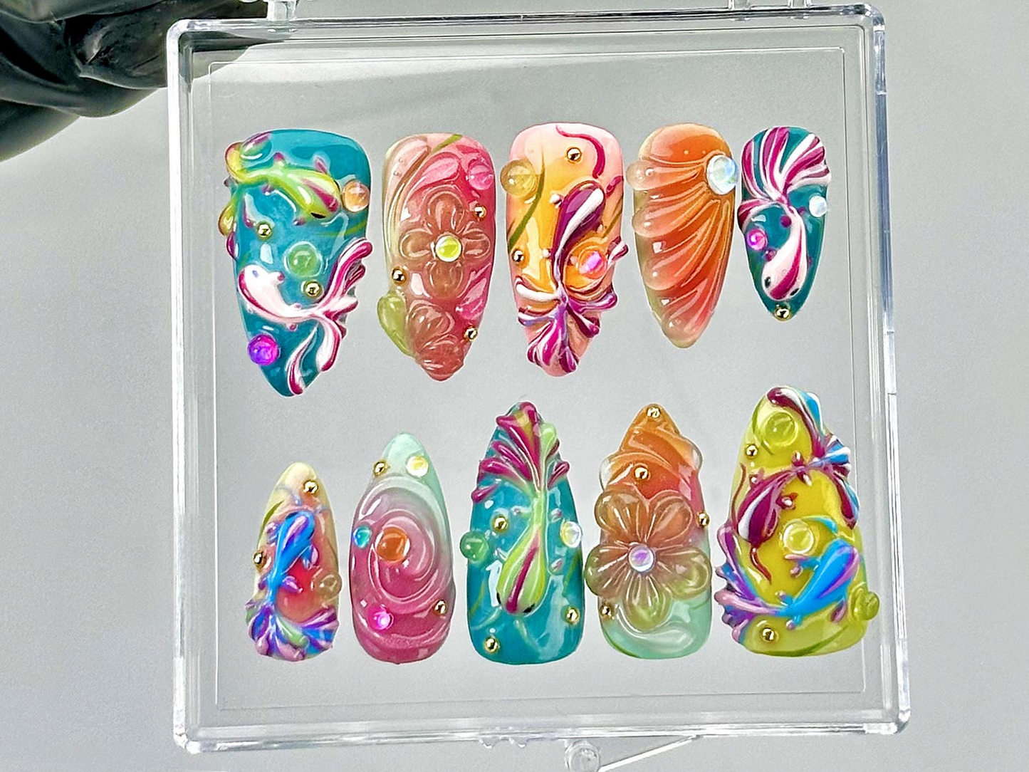 Colorful 3D Press On Nails by Dorynail | Swirl Rainbow Fake Nails | Swirly Neon Nail Art |Multicolor 3D Nail Art |Psychedelic Nails|HB796YC