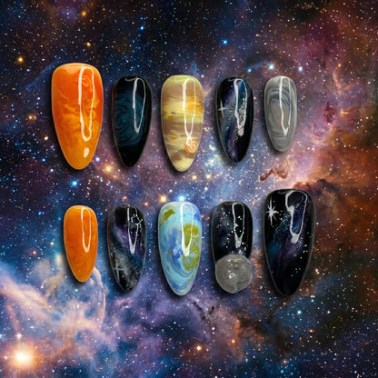 Solar System Almond Press On Nails | Handpainted Celestial Galaxy Fake Nails | OB401LK