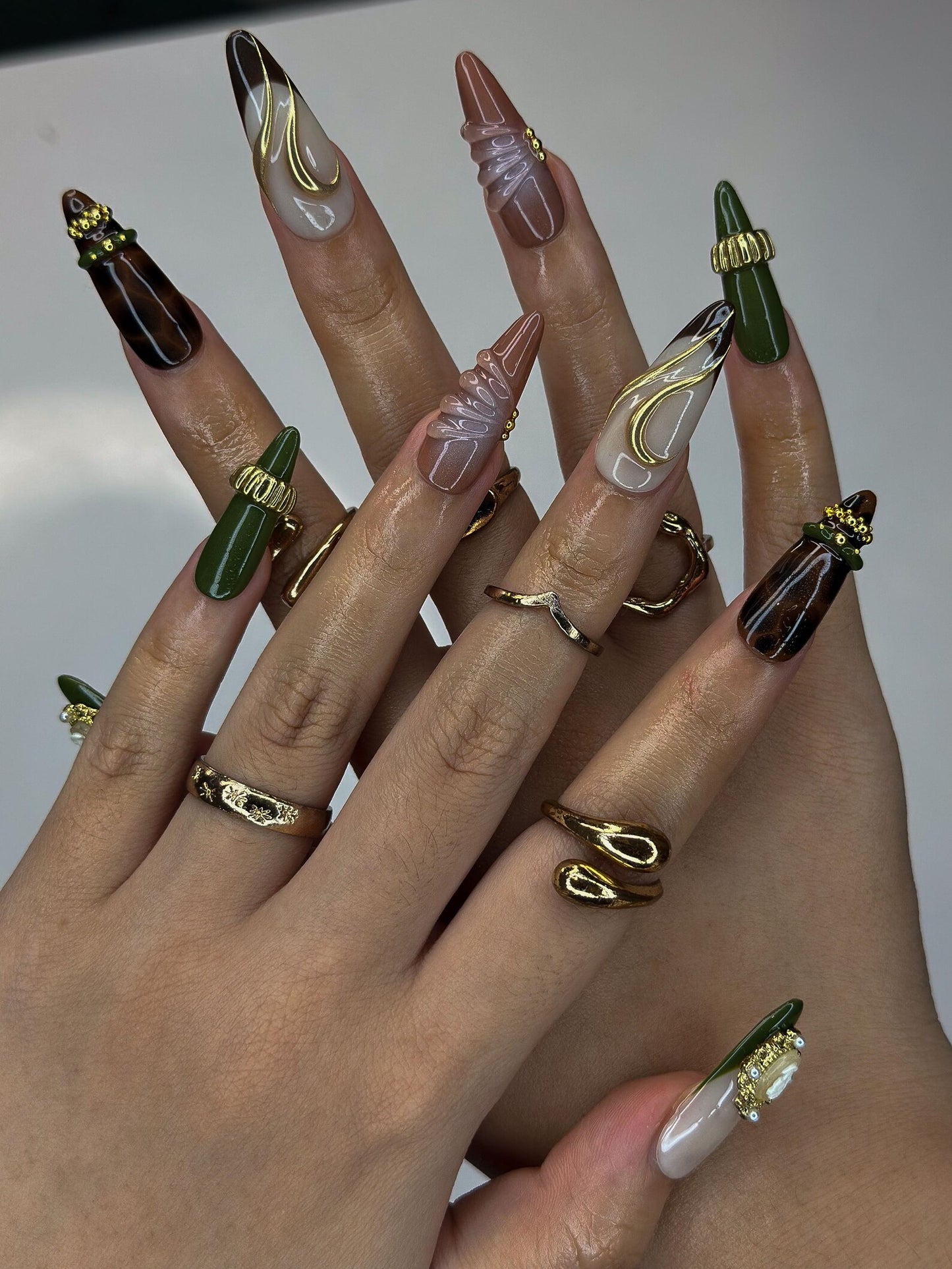 Olive Green & Tortoise Shell Nails | 3D Gold Hardware Press Ons | Luxury Dark Academia Stiletto Art | Handmade Designer | OB1341IK