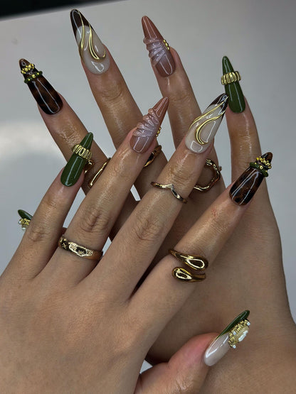 Olive Green & Tortoise Shell Nails | 3D Gold Hardware Press Ons | Luxury Dark Academia Stiletto Art | Handmade Designer | OB1341IK