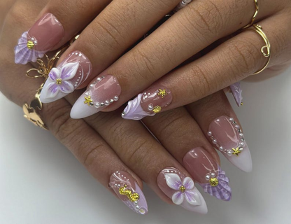 Lavender Ocean Bloom Press On Nails | 3D Seashell & Seahorse Nail Art | Purple Floral Mermaidcore Tips | Long Glossy Set | JC954EK