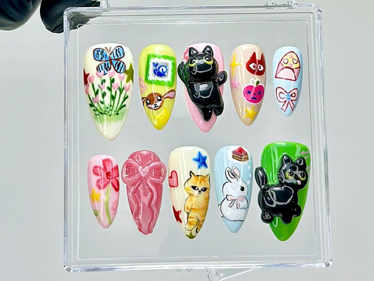 3D Kawaii Cat Press On Nails | Pastel Cartoon Fake nails | Cartoon Cat Bunny Nail Art | 3D Cute Animal Kawaii Nails | Pastel Nails | HB939YC