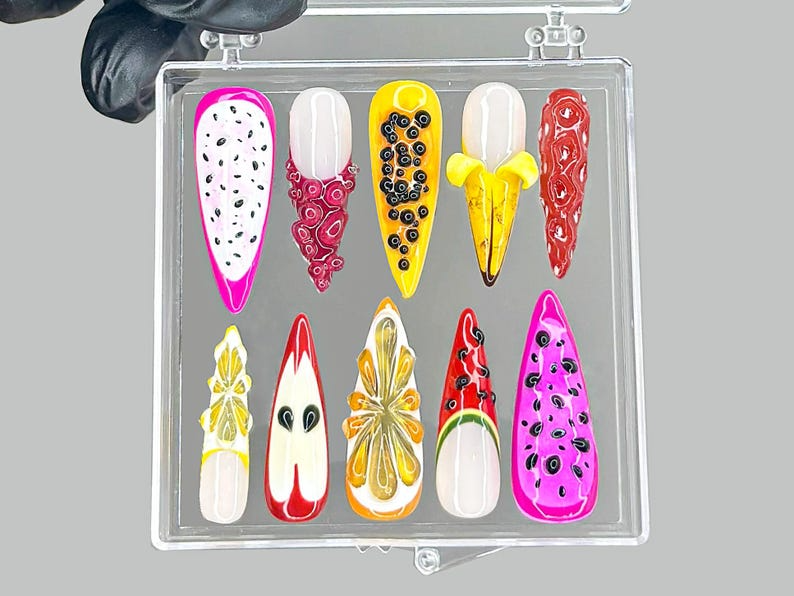 Tropical Fruit Press On Nails | Dragonfruit & Banana Nail Art | Colorful Fruit Press Ons | Kawaii Fruit Fake nails | Summer Nails | HB953YK