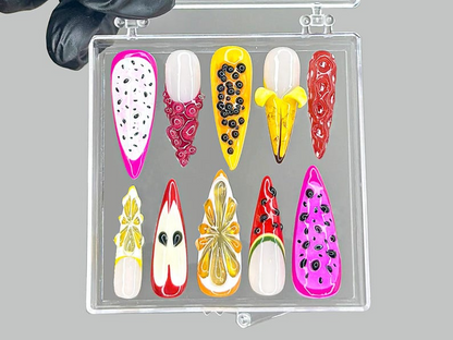 Tropical Fruit Press On Nails | Dragonfruit & Banana Nail Art | Colorful Fruit Press Ons | Kawaii Fruit Fake nails | Summer Nails | HB953YK