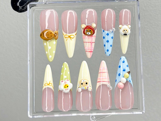 Cute 3D Cartoon Press On Nails | Pastel Kawaii Nail Art | 3D Bear Picnic Press Ons | Gingham Pastel Fake nails |Animal Kawaii Nails |HB990YK