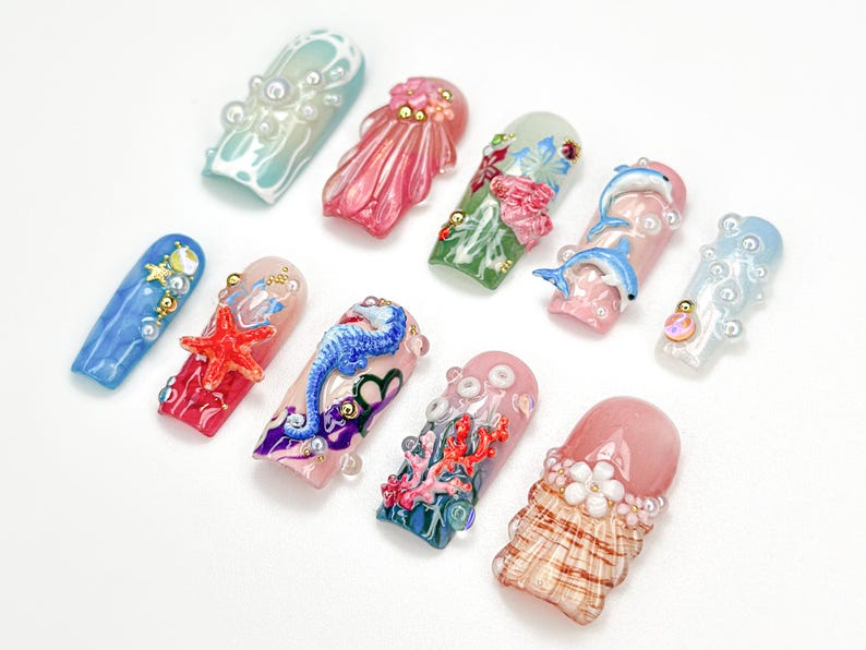 Summer Press On Nails with 3D Seashells and Pearls | Mermaid Dolphin Coral Shell Design | Summer Beach Vibe Nails | Sea Life Nails | JB923H
