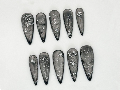Elegant Silver Gothic Press-On Nails | Intricate Butterfly and Rose Silver Nails | Luxury Silver Gothic | Butterfly & Rose Design | JC630LC