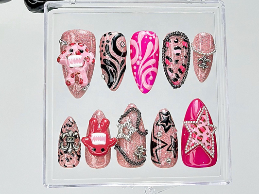 Cute Monster 3D Press On Nails | Pink Glitter Punk Fake Nails | Hot Pink Y2K Nail Art |Indie Star Punk Kawaii Nails |Alt Star Chain |HB929YC