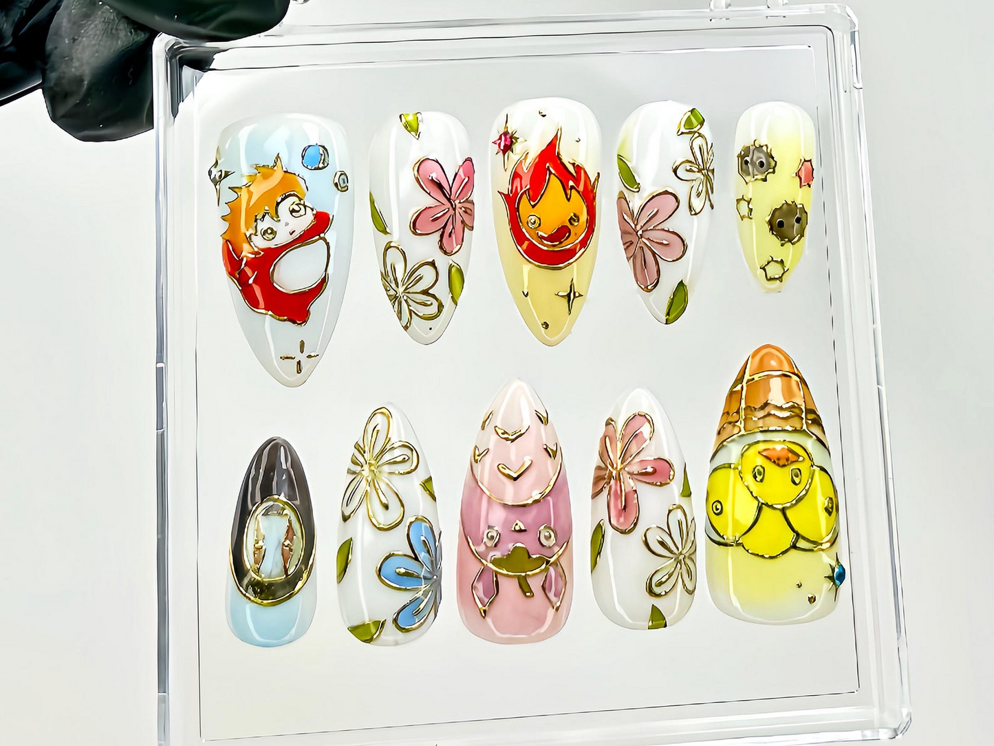 Cute Anime Press On Nails | Ghibli Characters & Floral Fake Nails | Kawaii Anime Nail Art | Ponyo Totoro Calcifer Press Ons | HB1021YC