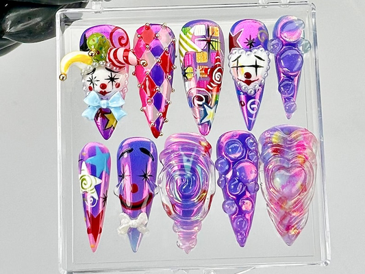 Carnival Clown Press On Nails by DoryNails | 3D Swirl & Mask Fake Nails | Harlequin 3D Nail Art | Bold Clowncore Acrylic Nails| HB797YC