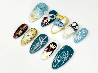 Snowy Penguin Christmas Press On Nails | Teal & Gold Nail Art | Cute Penguin Nails | Winter Snowflake Press Ons | Holiday Nails | JB223HG