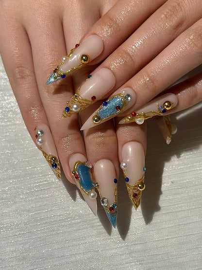 Luxury 3D Jewelry Press On Nails, Gold Filigree and Blue Gemstone False Nails, Royal Core Stiletto Nails for Gala or Wedding | DB1022HC