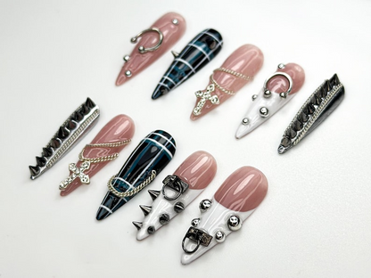 Punk Cross Chain Press On Nails | Gothic Plaid Nail Art | Spiked Pierced Punk Nails | Black White Silver Press Ons | Edgy Nail Set | JC864HK