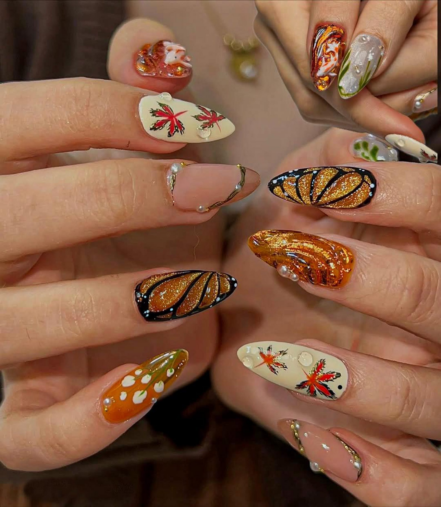 Autumn Maple Leaf Press On Nails | Fall Gold Glitter Nail Art | Orange & Cream Cozy Nails | Elegant Pearl Accent Nails |JB208EC