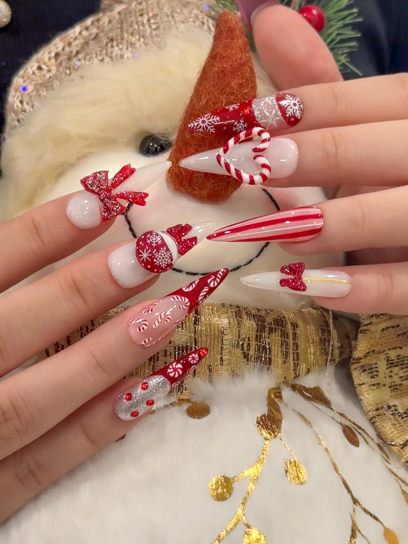 Candy Cane Christmas Press On Nails | Red White Holiday Nails | 3D Bow & Peppermint Art | Festive Winter Nail Set | JC246EC