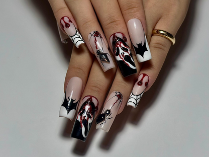 Gothic Spider Web Press On Nails | 3D Black Widow and Blood Drip Art | Scream Ghost & Webbed Bat Design | Halloween Horror Nail | JB980EC