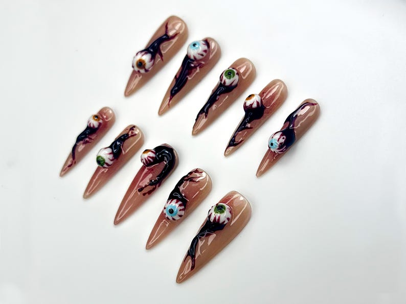 Haunted Eyes Press On Nails | Creepy 3D Eyeball Nail Art | Horror-Inspired Stiletto Nails | Handmade Spooky Halloween Set | HB1066EK