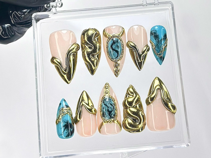 Metallic Turquoise Gold Press On Nails | Luxury Abstract Chrome Fake Nails |3D Sculpture Nail Art | Stone Acrylic Nails|HB833YC