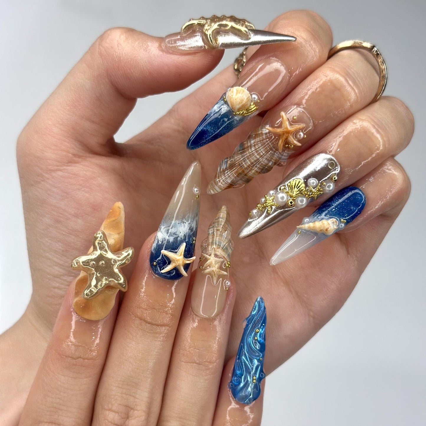 3D Starfish & Jellyfish Ocean Nails | Gold Silver Metallic Chrome | Blue Beach Wave Press On | Coquette Pearl Summer Art | OB1348D