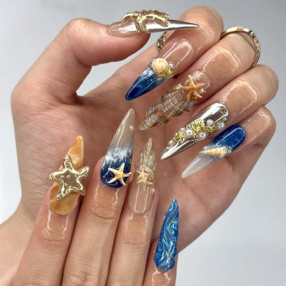 3D Starfish & Jellyfish Ocean Nails | Gold Silver Metallic Chrome | Blue Beach Wave Press On | Coquette Pearl Summer Art | OB1348D