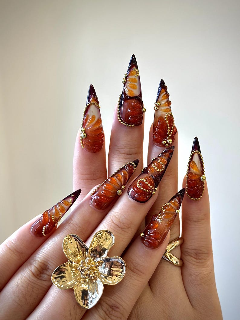 Amber Fall Press On Nails | Brown & Gold Ombre Nail Art | 3D Swirl Nails | Luxury Long Stiletto Nails | Elegant Glam Press Ons | JB174HC