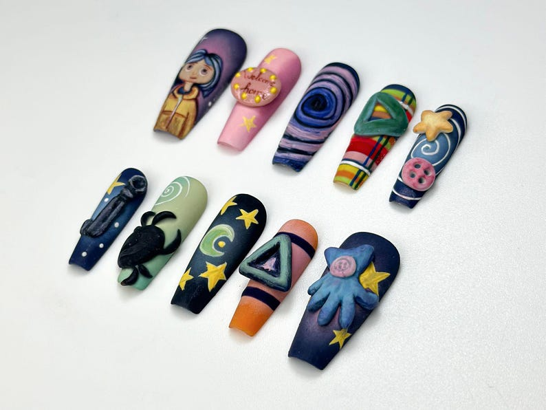 Creepy Cute Cartoon Press On Nails | Handmade 3D Starry Night Nails | Halloween Nail Art | Unique Spooky Nail Set | JA136HC