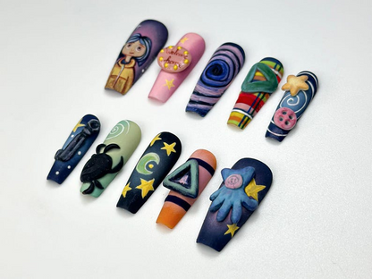 Creepy Cute Cartoon Press On Nails | Handmade 3D Starry Night Nails | Halloween Nail Art | Unique Spooky Nail Set | JA136HC
