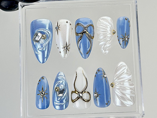 Blue Pearl Star Press On Nails | 3D Bow & Star Design Fake Nails | 3D Bow Star Nail Art | Handmade Artistic Press Ons |Luxury Nails |HC875YK