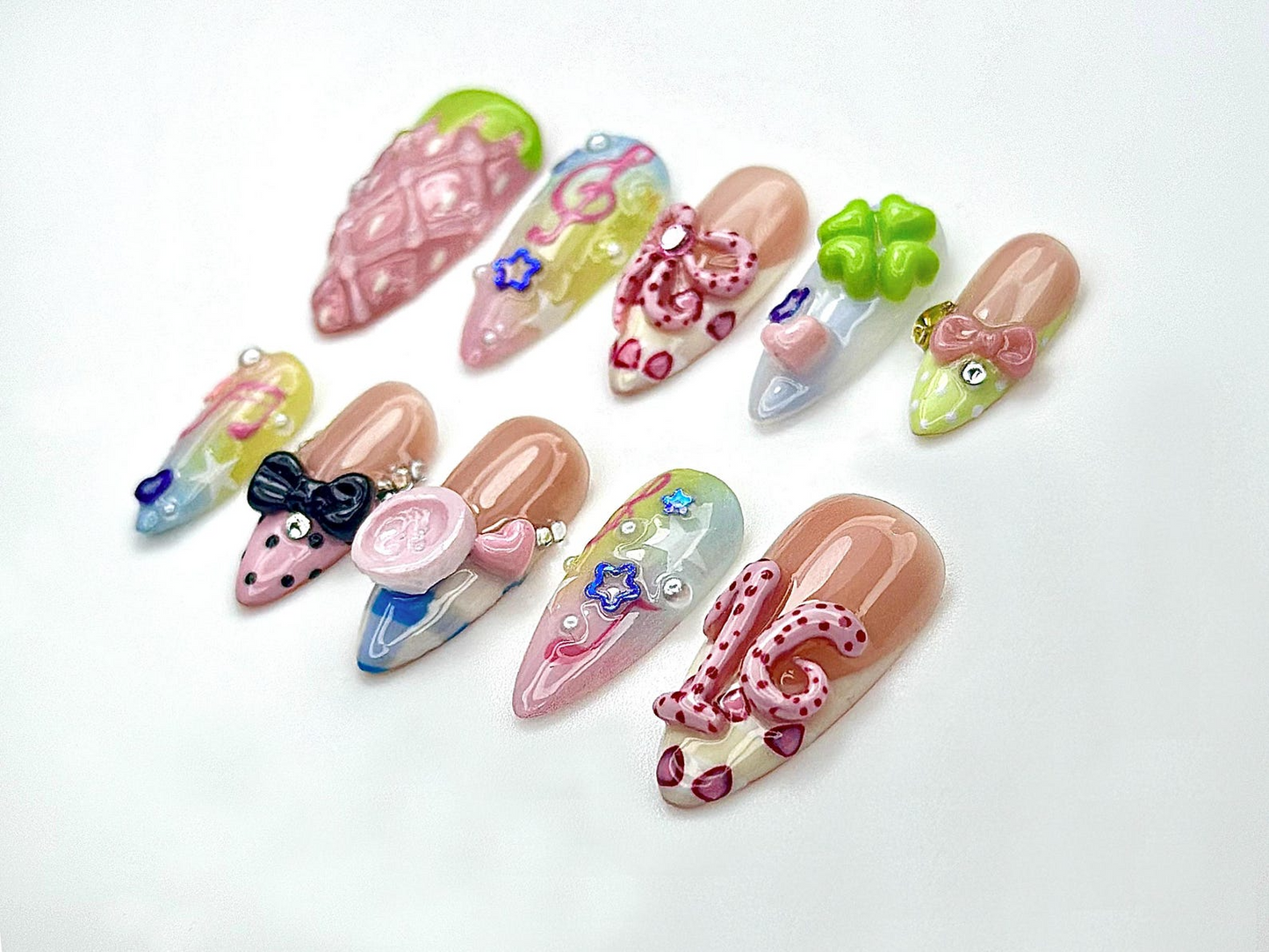 Kawaii Music Bow Press On Nails | Pastel Cute Nail Art | Rainbow Melody 3D Nails | Birthday Party Nails | Y2K Sweet Girl Press Ons | JB972EC