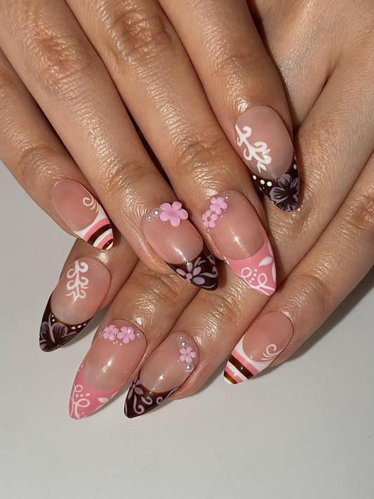 Pink Brown Floral Press On Nails | Cute Pink Nail Art | Sweet Dessert Inspired Nails | 3D Flower Nail Set | Handmade Press Ons | HC1298HK
