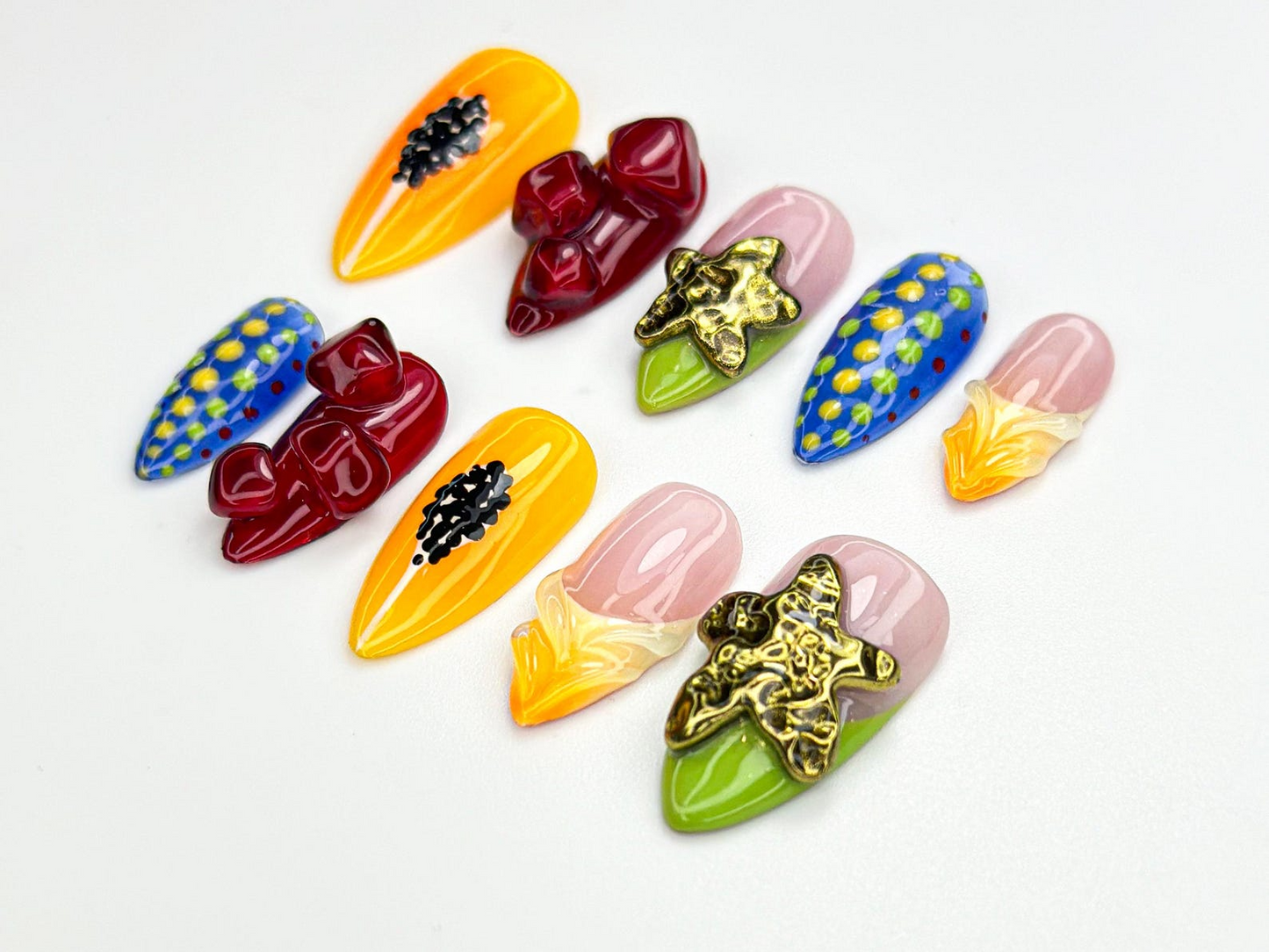 Tropical Fruit Press On Nails | 3D Papaya, Corn & Dragonfruit | Vibrant Handmade Nail Art | Exotic Summer Nail Set| Cute Fruit Nail | JB873H
