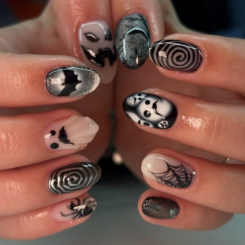 Press on nails for halloween| Black White Gothic Halloween Nails | 3D Ghost & Spider Design | Spooky Night Nail Art | JB197EC