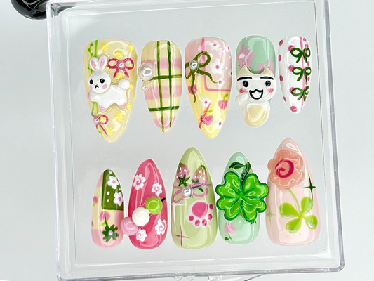 Kawaii Cute Press On Nails by DoryNails | Pastel Bunny Clover 3D Press Ons | Sakura Bunny Fake Nails | Kawaii Spring Nail Art | HB827YC