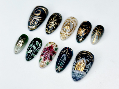 Midnight Christmas Press On Nails | Black & Gold Christmas Nail | Hand-Painted Design | Holiday Nail Set | Luxury Winter Press Ons | JB215HC