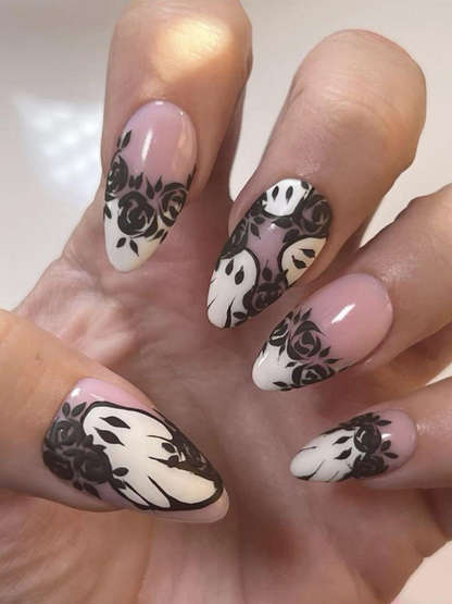 Ghost & Roses Halloween Press On Nails | Black Lace Rose Nail Art | White Halloween Nails | Handmade Spooky Glam Press Ons | JC129HC