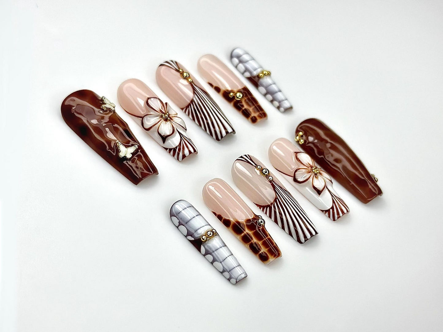 Caramel Elegance Press On Nails | Brown Marble 3D Flower Nails | Butterfly Accent & Luxe Stripe Design | Fall Long Gel Nails | HB1003EC