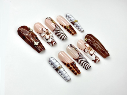 Caramel Elegance Press On Nails | Brown Marble 3D Flower Nails | Butterfly Accent & Luxe Stripe Design | Fall Long Gel Nails | HB1003EC