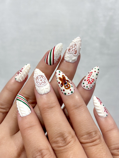 Candy Sweater Christmas Press On Nails | Snowflake Winter Nail Art | Red Green Stripe Holiday Nails |3D Cable Knit Nail | HB1212EC
