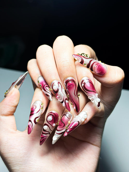 Ruby Swirl Press On Nails | Burgundy Chrome Marble, 3D Pearl Accent, Long Stiletto Glam | JC375NC