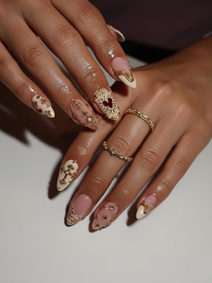 Nail Tabs for Press On Nails – Golden Heart Baroque Press On Nails | Valentine Nails | Ivory Blush French Tips