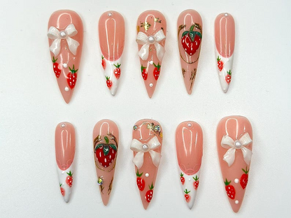 Cute Strawberry Bow Press On Nails | Pink French Tip Nails | Cute 3D Kawaii Nail Art | Handmade Luxury Press Ons | HC995GC