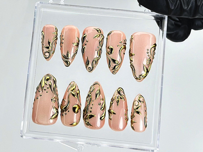 Nude Gold Leaf Press On Nails | Elegant Baroque Swirl Fake Nails | Metallic Accent Luxury Nail Art | Gold Foil Nude Press Ons | HB898YC