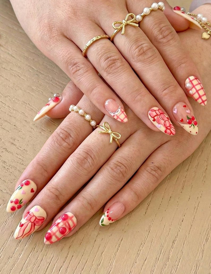 Press On Nails Adhesive Tabs – Cherry Heart & Pink Ribbon Nude Press On Nails, Handmade Valentine Fake Nails Sweet Romantic Nail Art