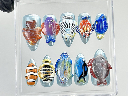 Tropical Aquarium Press On Nails | 3D Fish Aquarium Fake Nails | Ocean Fish Nail Art | Marine Life Press Ons | Kawaii Nails |Unique |HA875YK