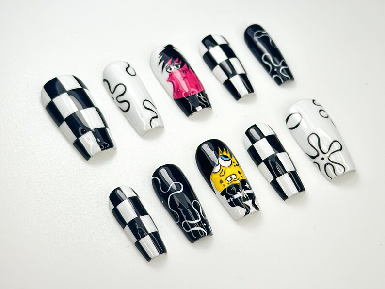 Punk Pop Cartoon Press On Nails | Black & White Checkerboard Nail Art | Handmade Funky Press Ons | Retro Pop Culture Nail Set | JB128HK
