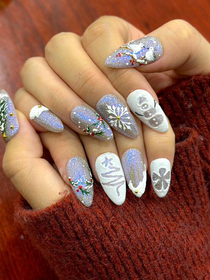Silver Frost Christmas Press On Nails | 3D Snowman & Christmas Tree Nail Art | Frosted Birds and Winter Scene | HB1209EC